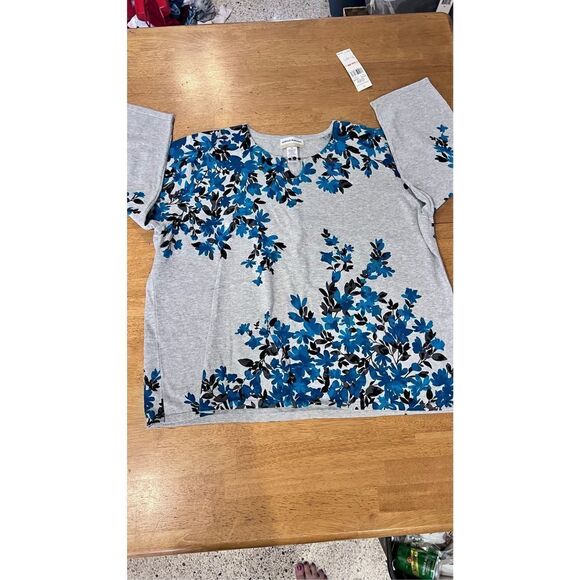 ALFRED DUNNER GREY BLUE FLORAL SWEATER GEMSTONE NECKLINE WOMENS SZ 2X P1-267 NEW - Picture 1 of 8